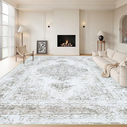 Area Rug 10x12 Living Room Rugs, Machine Washable Vintage Distressed Medallion Rug Non-Slip Soft Low Pile Large Indoor Rugs for Bedroom Kitchen Dining Room Office(Taupe,10'x12')