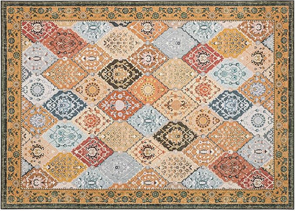 Phantoscope Washable Area Rug 5'x7' Non-Slip, Vintage Boho Rugs for Living Room, Bedroom, Dining Room, Distressed Moroccan Mosaic Diamond Pattern, Low-Pile Foldable Floor Carpet, Terracotta/Rust