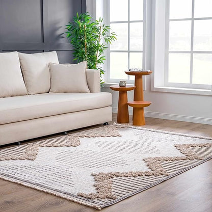 Hauteloom Maulawin Farmhouse Living Room Bedroom Southwestern Tribal Area Rug - Soft Shaggy High Low Carpet - High Pile - Bohemian, Boho - Gray, Brown, Beige, Cream - 6'7" x 9'