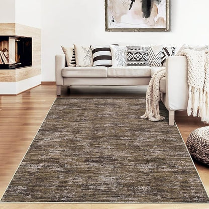 RUGSREAL Living Room Area Rug 9x12 Machine Washable Rug Non-Slip Stain Resistant Modern Abstract Bedroom Rug Contemporary Throw Floor Carpet for Dining Room Solid Area Rug for Home Office, Brown