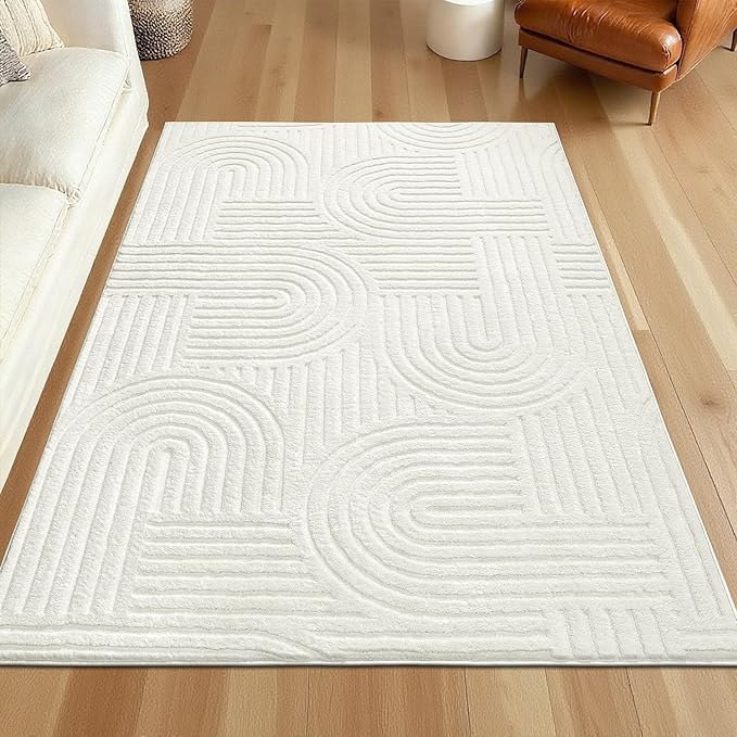 SHACOS Soft Cozy Fluffy Arch Pattern High-Low Pile Area Rugs 6'x9' Large Non Slip Washable Modern Geometric Rug Scandinavian Minimalist Carpet for Living Room Bedroom Dining Room, Cream White