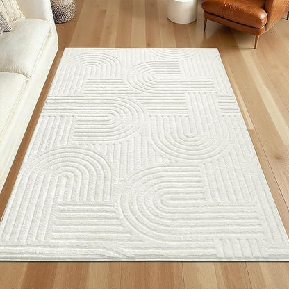 SHACOS Soft Cozy Fluffy Arch Pattern High-Low Pile Area Rugs 6'x9' Large Non Slip Washable Modern Geometric Rug Scandinavian Minimalist Carpet for Living Room Bedroom Dining Room, Cream White