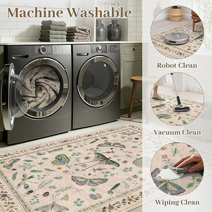 6x9 Rugs for Living Room with Insect Print - Bug Rug Non-Silp Stain Resistant Soft Carpet for Bedroom, Low Pile Ultra-Thin Machine Washable Carpet for Dining Room, Kids Nursery, Office (6'x9' Beige)