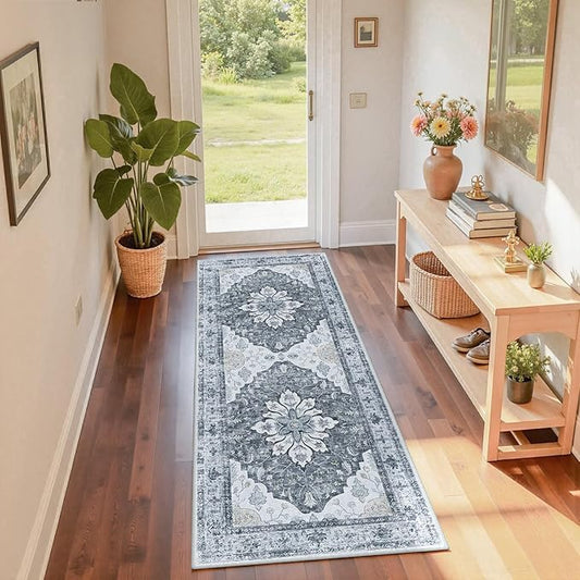 Area Rugs 2'x6' Washable Non-Slip, Floral Vintage Distress Print Pattern Medallion Carpet for Living Room Bedroom Dining Room, Light Gray Grey White