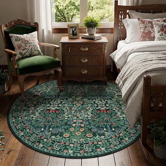 6' Round Area Rug - Floral Vintage Forest Washable Low Pile Non-Slip Carpet for Living Room, Bedroom, Dining Room, Office (Dark Green)