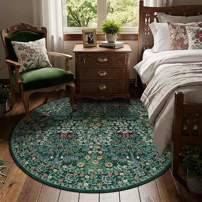 6' Round Area Rug - Floral Vintage Forest Washable Low Pile Non-Slip Carpet for Living Room, Bedroom, Dining Room, Office (Dark Green)