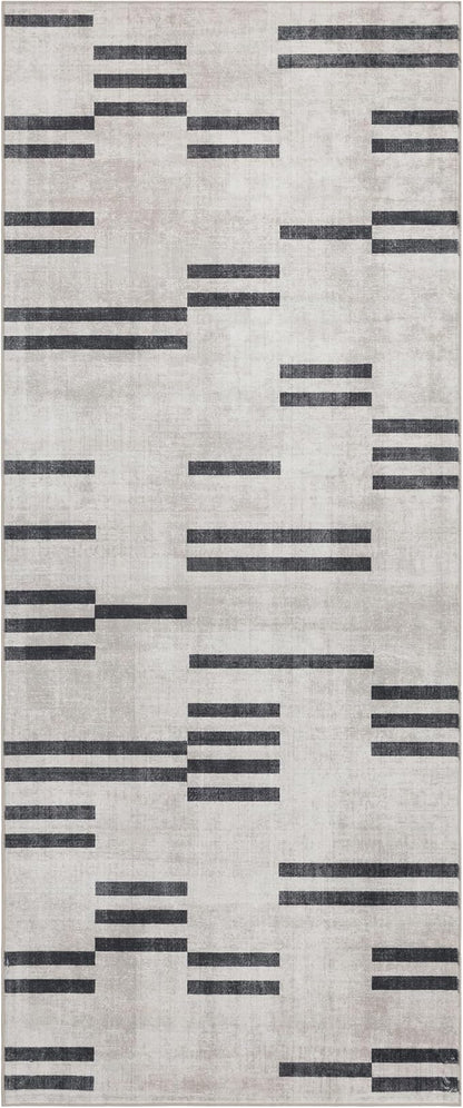 ReaLife Rugs Machine Washable Area Rug Runner - Living Room Bedroom Bathroom Kitchen Entryway Office -Non-Slip Baking Low Pile Stain Resistant Premium - Modern Geometric - Loki-Beige & Black 2'6" x 8'