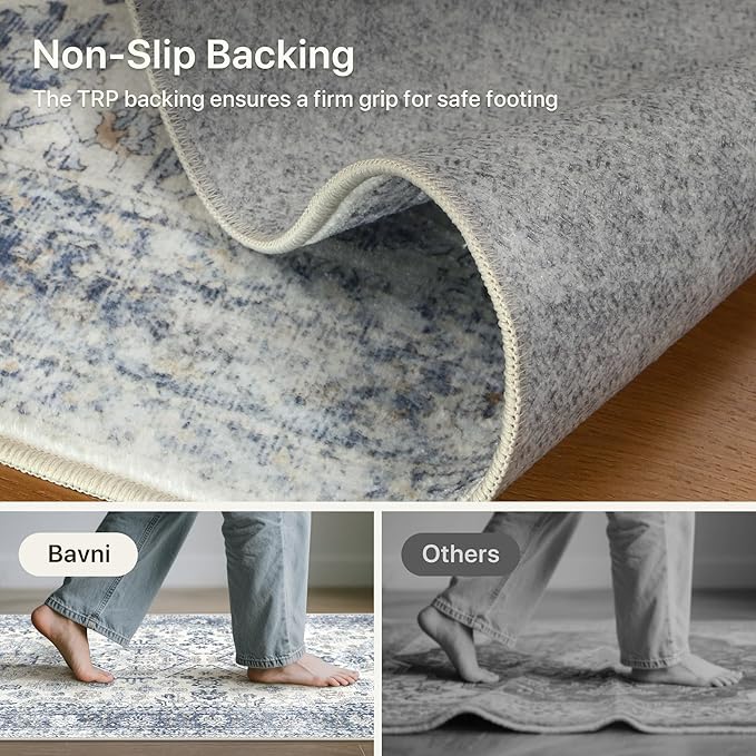 Bavni Washable Runner Rug 2’6”x8’, Non Slip Vintage Hallway Runner, Ultra Thin Low Pile Washable Carpet for Kitchen Entryway Bedroom, Light Blue