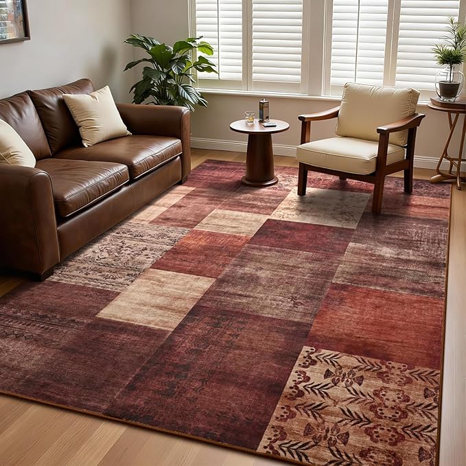 DweIke Washable Area Rugs for Living Room, 5x7 Soft Bedroom Rugs, Geometric Print Non-Slip Modern Rug, Stain Resistant Throw Carpets for Office Nursery Dining Room Home Dorm Decor, Red
