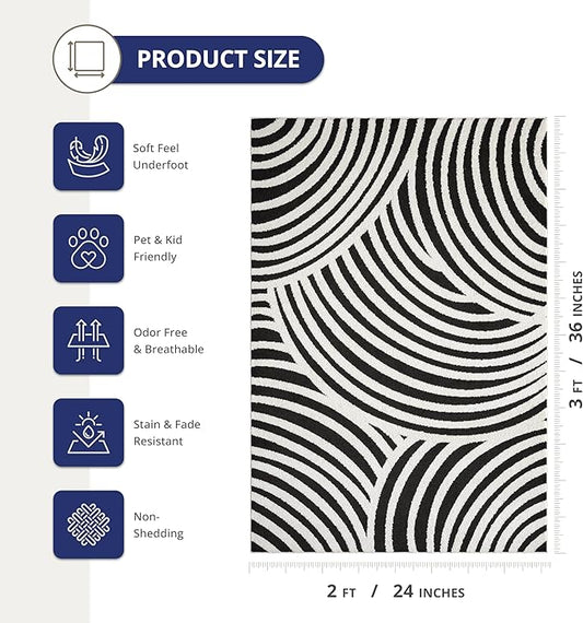 Abani Nomad Cream & Black Area Rug 2' x 3' for Living Room, Bedroom - Black Linear Curves Design - Durable & Easy to Clean