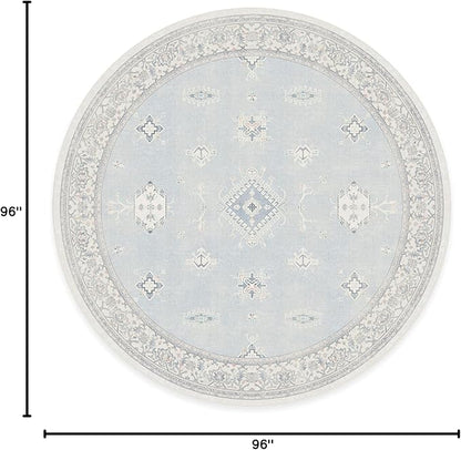 RUGGABLE Washable Vintage Area Rug – Verena Soft Blue 8 ft Round, Stain-Resistant, Non-Slip – Large Machine Washable Rugs for Living Room, Bedroom, Hallway, Entryway & Office–with Cushioned Pad