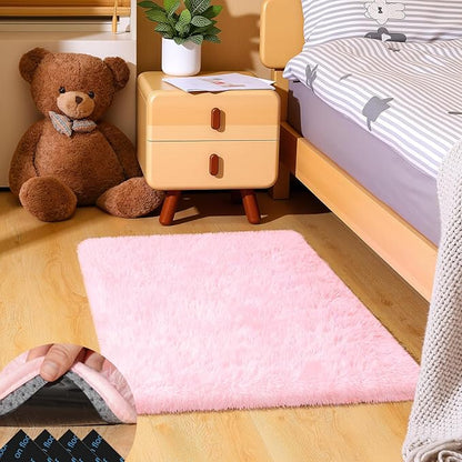 Pink Rugs for Bedroom, 2x3 Fluffy Small Area Rugs for Living Room, Soft Shag Fuzzy Carpet with 4 Non-Slip Stickers for Kids Boys and Girls Nursery Room Dorm Home Decor (Pink, 2ft x 3ft)