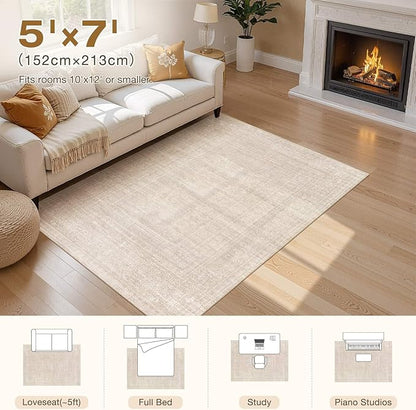 5x7 Area Rugs Living Room: Washable Large Vintage Beige Rug Neutral Non-Slip Soft Stain Resistant Indoor Carpet for Bedroom Nursery Dining Room Under Table Bed Home House Office Playroom