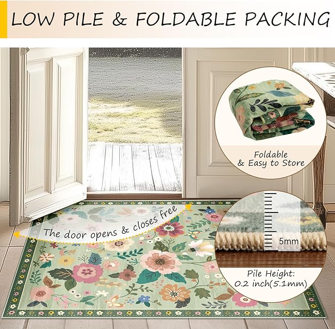 Floral 9x12 Area Rug Machine Washable Soft Print Boho Carpet Non Slip Doormat Low Pile Flower Area Rugs for Living Room Bedroom Nursery Kitchen Dining Room Indoor-Light Green