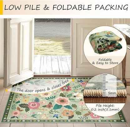 Floral 2x8 Area Rug Machine Washable Soft Print Boho Carpet Non Slip Doormat Low Pile Flower Area Rugs for Living Room Bedroom Nursery Kitchen Dining Room Indoor-Light Green