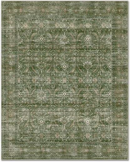 Washable 2x3 Entryway Rug, Boho Non-Slip Door Mat Vintage Distress Small Rugs for Kitchen Nursery Office Bedroom, 0.3" Neutral Oriental Throw Carpet with Cushioning Pad, Grass Green/Multi