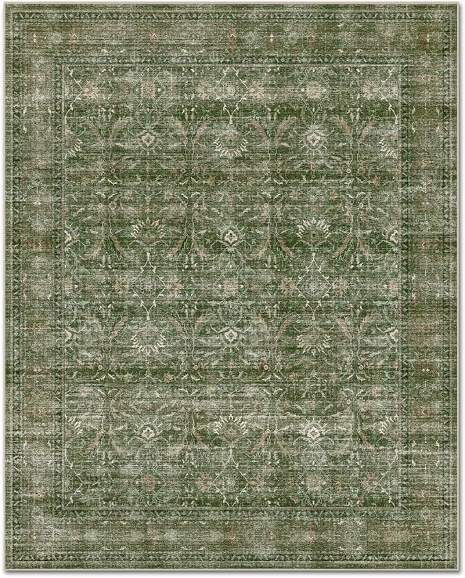 Washable 9x12 Area Rugs for Living Room, Boho Non-Slip Vintage Distress Lager Rugs for Bedroom Dining Room Nursery Office, 0.3" Neutral Oriental Throw Thin Carpet, Grass Green/Multi