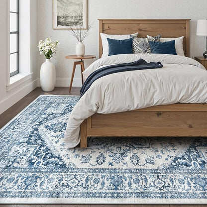 LIVEBOX Blue Washable Area Rug 8x10 - Large Vintage Tribal Living Room Rug Oriental for Bedroom, Non-Slip Retro Medallion Carpet Print Distressed for Dining Room Guest Office