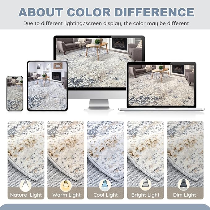 10ft Round Area Rug Living Room Rugs - 10x10 Washable Circle Rug Large Soft Indoor Neutral Modern Abstract Low Pile Carpet for Bedroom Dining Room Farmhouse Home Office - Beige Blue