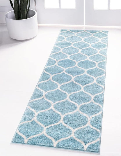 Rugs.com Lattice Frieze Collection Rug – 2' x 6' Runner Light Blue Medium Rug Perfect for Living Rooms, Large Dining Rooms, Open Floorplans