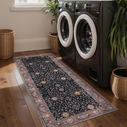 Ciicool Black Area Rugs Washable Non Slip Runner Rug, 2x6ft Hallway Rug Vintage Kitchen Carpet for Entrance Bedroom Laundry Bathroom Decor