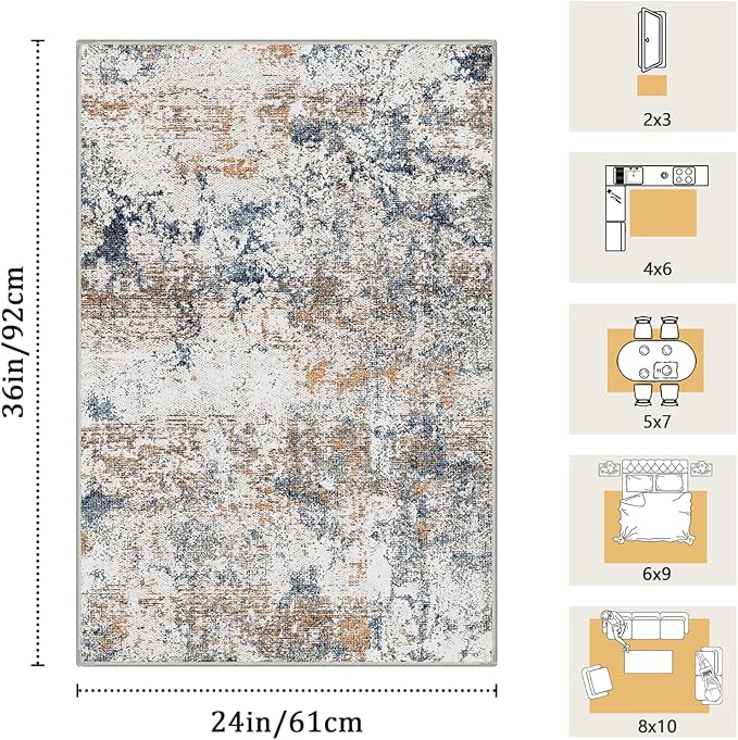 2x3 Machine Washable Area Rug for Entryway, Multicolor Modern Vintage Abstract Rug Non-Slip Low Pile Soft Faux Wool Small Carpet, Kids and Pets Friendly for Bedroom Kitchen Hallway Home Decor Rug