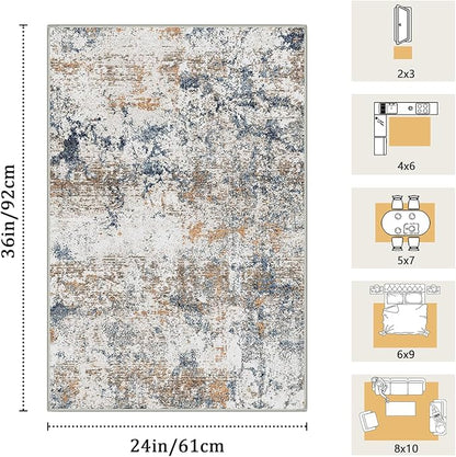 2x3 Machine Washable Area Rug for Entryway, Multicolor Modern Vintage Abstract Rug Non-Slip Low Pile Soft Faux Wool Small Carpet, Kids and Pets Friendly for Bedroom Kitchen Hallway Home Decor Rug