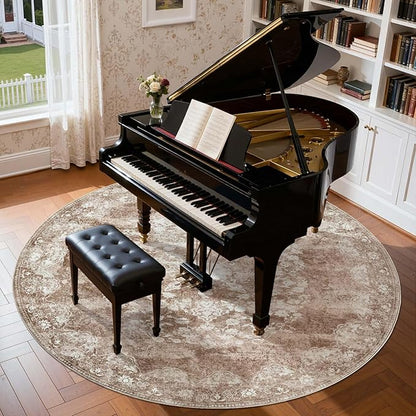 jinchan Round Rug 8ft Area Rug - Brown Vintage Floor Mat Kitchen Indoor - Washable Circle 8' Thin Floral Print Carpet Retro Farmhouse Non Slip Dining Room Living Room Bedroom Office