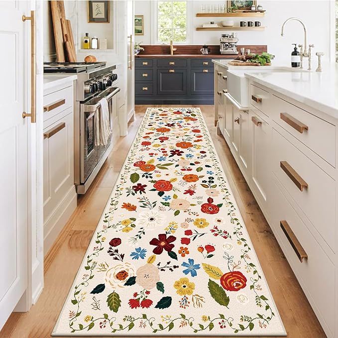 U'Artlines Runner Rug for Hallways & Kitchen - 2'6" x 10' Colorful Soft Non Slip Washable Boho Floral Floor Carpet for Entryway, Laundry Room, Bathroom - Beige