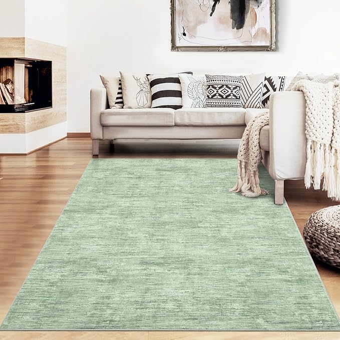 RUGSREAL Area Rug 5x7 Machine Washable Area Rug for Living Room Non-Slip Stain Resistant Modern Abstract Rug Contemporary Solid Throw Rug Foldable Accent Floor Carpet for Dining Room, Green