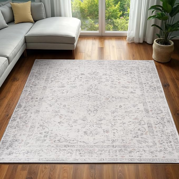 4x6 Washable Rug – Boho Non-Slip Indoor Area Rug for Living Room, Bedroom, Dining Room, Entryway – Ivory and Mist Grey with Subtle Blue Accents