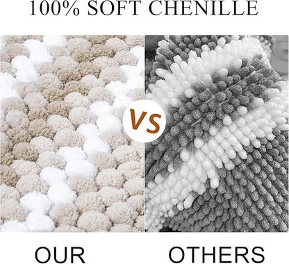 PiccoCasa Chenille Bathroom Rug, Soft Fluffy Absorbent Bath Mat, Medium Pile Striped Carpet Washable Non Slip Bathroom Floor Mats(20"x32",Khaki & White)