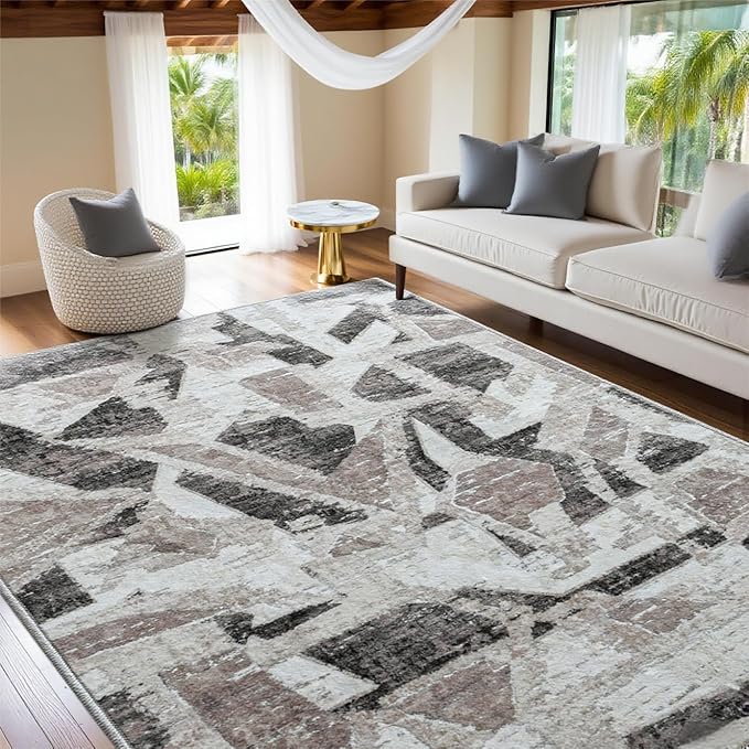 6X9 Area Rugs for Living Room Bedroom,Modern Abstract Large Carpet Washable Rugs 6X9 for Dining Room Office,Non Slip Gray Print Faux Wool Thin 6 by 9 Indoor Nursery Kids Home Pet & Child Friendly