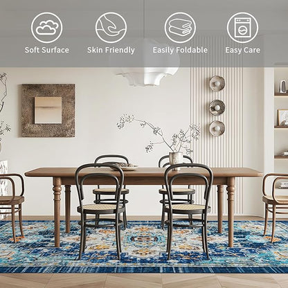 Easy-Going Area Rug 6x9 Washable Boho Rugs for Living Room Non-Slip Bedroom Rug Low Pile Lightweight Tangerine Vintage Throw Rug for Dining Room Kitchen Home Office Carpet, Floral Aqua Yellow