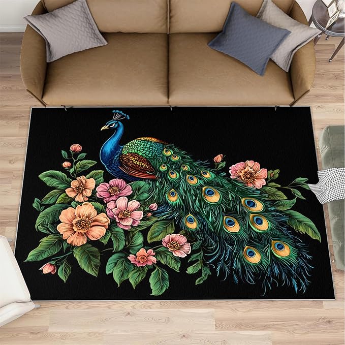 Peacock Peony Rugs for Bedroom - 4x5 Rug, Classic Peacock Peony Area Rugs for Living Room, Teal Turquoise Carpet, Floral Plant Washable Area Mat, Aesthetics Carpet - Peafowl Home Decor & Gifts