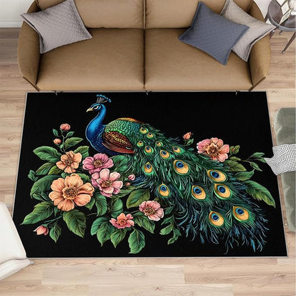 Peacock Peony Rugs for Bedroom - 3x5 Rug, Classic Peacock Peony Area Rugs for Living Room, Teal Turquoise Carpet, Floral Plant Washable Area Mat, Aesthetics Carpet - Peafowl Home Decor & Gifts