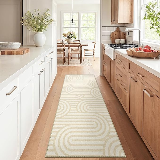 Bavni Washable Runner Rug, Soft Modern Printed Rug Runner, Abstract 2x5 Runners for Hallways, Kitchen, Laundry, Abstract Brown Beige