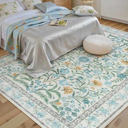 Lahome Light Blue Bedroom Rug 8x10 Under Bed, Boho Washable Rugs for Living Room Nursery, Soft Wool Vintage Low Pile Carpet for Dining Room Girls