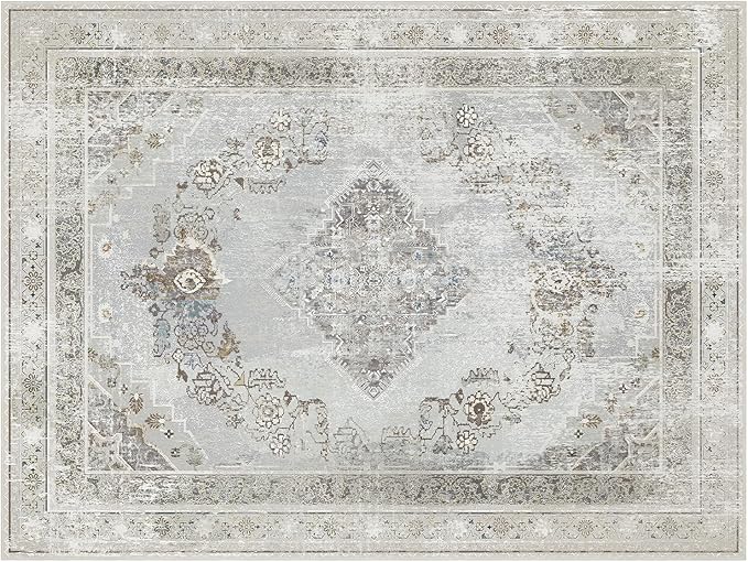 Phantoscope Washable Area Rug 9'x12' Non-Slip, Vintage Neutral Rugs for Living Room, Bedroom, Dining Room, Distressed Boho Medallion Pattern, Low-Pile Foldable Floor Carpet, Silver Grey/Taupe