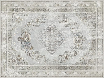 Phantoscope Washable Area Rug 9'x12' Non-Slip, Vintage Neutral Rugs for Living Room, Bedroom, Dining Room, Distressed Boho Medallion Pattern, Low-Pile Foldable Floor Carpet, Silver Grey/Taupe