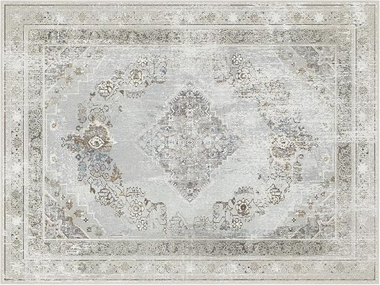 Phantoscope Washable Area Rug 9'x12' Non-Slip, Vintage Neutral Rugs for Living Room, Bedroom, Dining Room, Distressed Boho Medallion Pattern, Low-Pile Foldable Floor Carpet, Silver Grey/Taupe