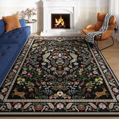 Rugcomf 9x12 Area Rugs for Living Room Washable Rug Floral Non-Slip Large Rug for Living Room, Bedroom, Farmhouse, Dining Room, Kids Playroom (Vibrant Black)