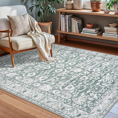 Vintage Floral 3x5 Rug, Sage Green White Entryway Rug Small Area Rug Washable Non-Slip Throw Rug, Thin Printed Faux Wool Low-Pile Kitchen Rugs Super Soft Capet for Entrance Bedroom Office
