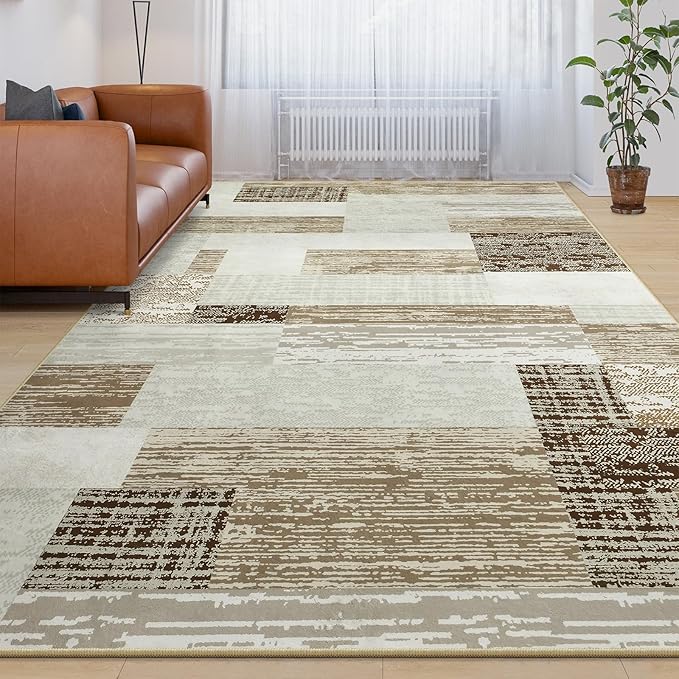 Large Area Rugs,Modern Geometric Patchwork Floor Decor for Bedroom Aesthetic Carpet, Rockwood Collection, Indoor Rugs for Living Room, Dining Room, Nursery, Office, Machine Washable Rug,4x6 Ft Beige