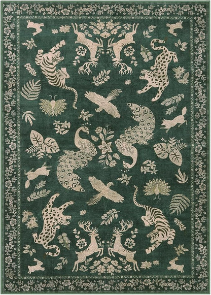 Moynesa Green 5x7 Living Room Rugs, Luxurious Vintage Boho Animal Washable Area Rug for Bedroom Dining Room Office Study, Low Pile Soft Non-Slip Easy Clean Retro Carpets for Indoor