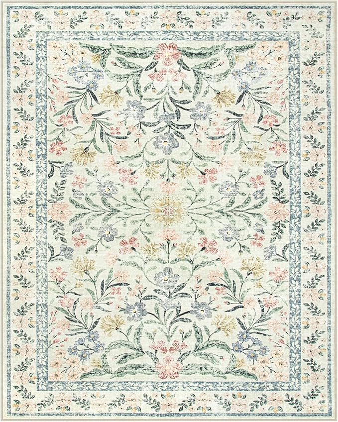 Wonnitar Boho Washable Rug 8x10, Large Area Rug for Living Room, Soft Floral Carpet for Bedroom Non Slip, 8 x 10 Indoor Beige Carpets for Nursery Dining Room Apartment Office Decor