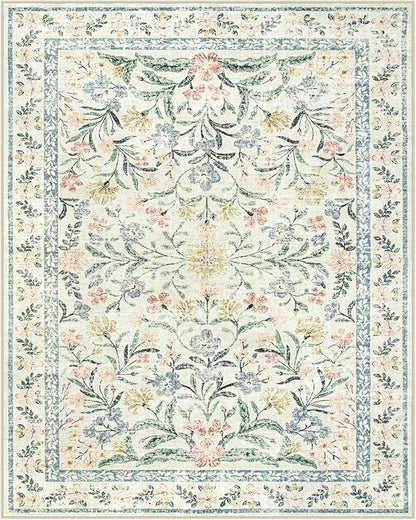 Wonnitar Boho Washable Rug 8x10, Large Area Rug for Living Room, Soft Floral Carpet for Bedroom Non Slip, 8 x 10 Indoor Beige Carpets for Nursery Dining Room Apartment Office Decor
