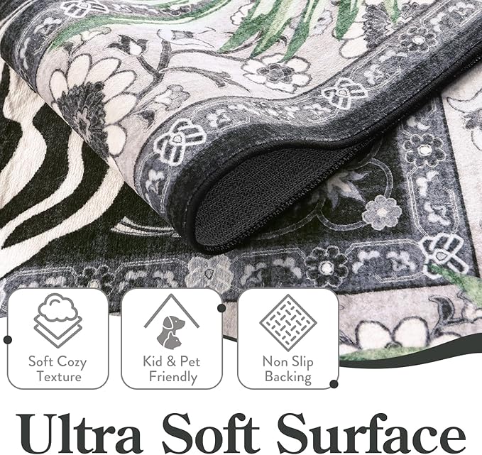 Moynesa Tiger Washable Rugs, 3x5 Entry Area Rugs, Non Slip Vintage Soft Living Room Carpet, Boho Low Pile Stain Resistant Indoor Throw Mat for Kitchen Bedroom Entrance, Black