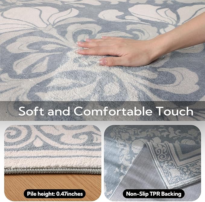 SOULFUL Medium Pile 8x10 Rugs for Living Room - Soft Foot Feel Large Area Rug - Greige Boho Floral - Washable Non-Slip - Perfect for Bedroom Kids Room Under Dining Table Office
