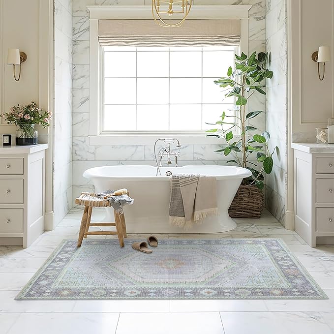 Fame Living Washable Area Rug. Modern Farmhouse. Vintage. Turkish. Bohemian. Distressed. Oriental. Traditional. Rugs for Living Room. Dining. Bedroom. Office. Entryway. Foyer. (856GrnCrm, 5' x 6'9")